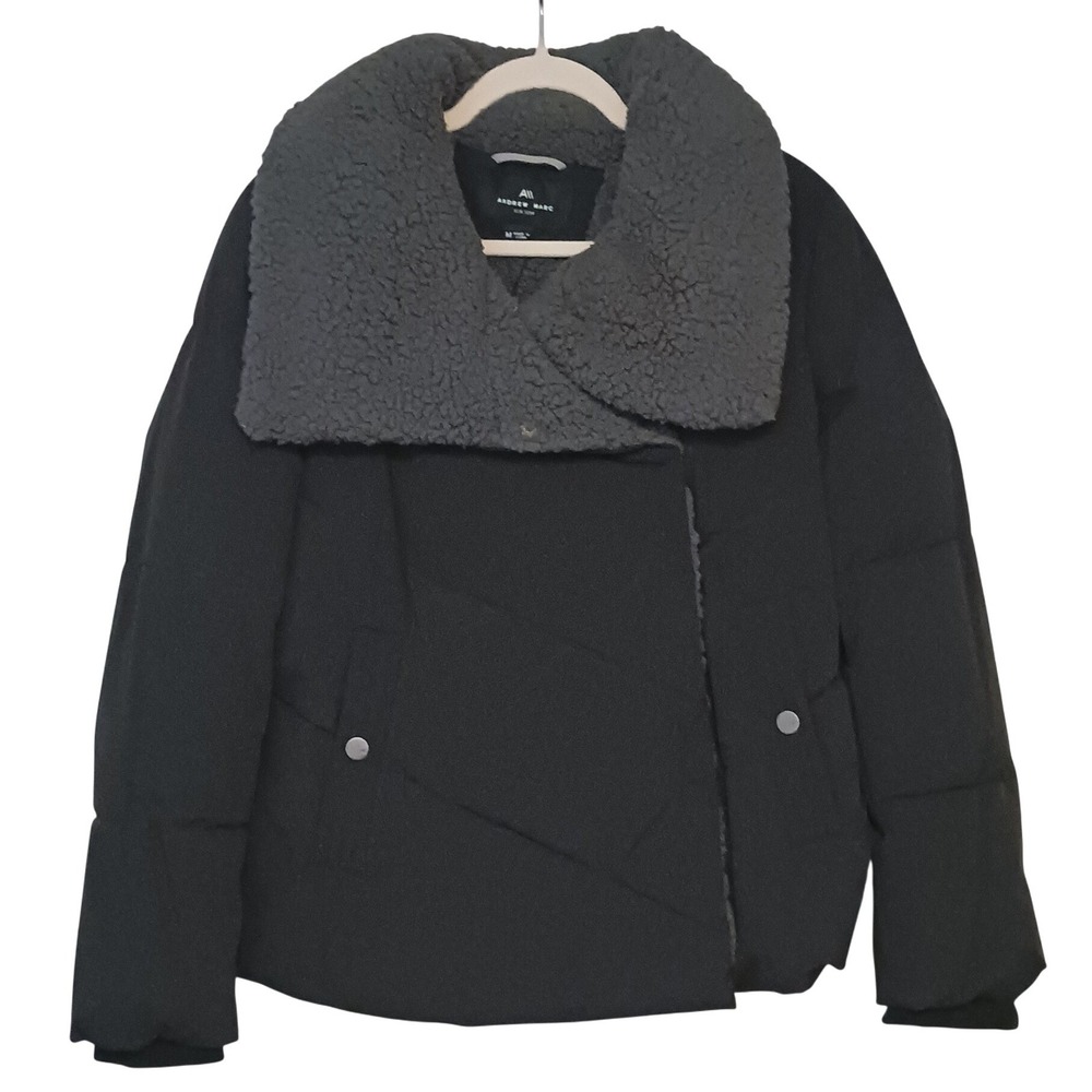 NWT Andrew Marc Valencia Black Faux Shearling Lined Puffer Jacket Coat‎ M Modern